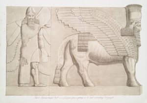 Toro con testa umana e figura alata da un portale nel muro che circonda Kouyunjik [Quyunjik], 1853 da Austen Henry Layard