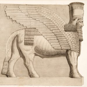Toro con testa umana e figura alata da un portale nel muro che circonda Kouyunjik, dai Monumenti di Ninive, pub. 1849