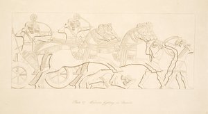 Guerrieri che combattono su carri, da Monumenti di Ninive, pub. 1849 da Austen Henry Layard