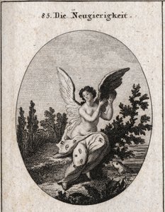 Allegoria della curiosità rappresentata con un drappo punteggiato di orecchie e occhi. Le ali elevate. Incisione in "Iconologie oder Ideen aus dem Gebiete der Leidenschaften und Allegorien bildich dargestellt" da Austrian School