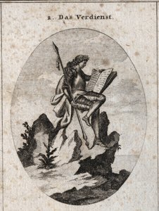 Allegoria del merito rappresentata in cima a una roccia ripida con armi e un libro che lo simboleggiano come il risultato delle sue opere e studi. Incisione in "Iconologie oder Ideen aus dem Gebiete der Leidenschaften und Allegorien bildich dargestellt fur da Austrian School