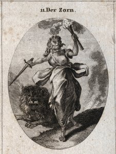 Allegoria della rabbia rappresentata in un atteggiamento irrequieto, con una benda sugli occhi, una spada e una torcia nelle mani. È vestita con pelle di orso e il leone dietro di lei è furioso. Incisione in "Iconologie oder Ideen aus dem Gebiete der Leide da Austrian School