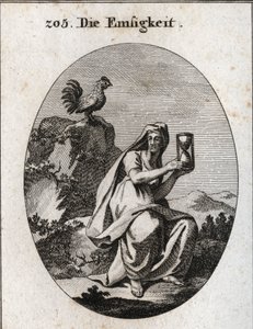 Allegoria della costanza. Tiene una clessidra e siede ai piedi di una roccia circondata da una pianta di edera. Il gallo è il suo attributo perché la costanza non esiste senza vigilanza. Incisione in "Iconologie oder Ideen aus dem Gebiete der Leidenschafte da Austrian School