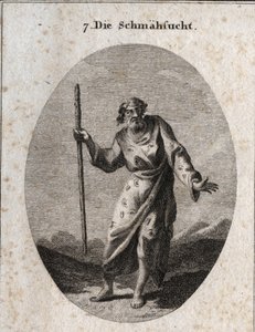 Allegoria della colpa rappresentata da Momus, il dio della satira e della reprimenda, come un vecchio che parla e colpisce la terra. Il suo abbigliamento è disseminato di orecchie, occhi e lingue. Incisione in 