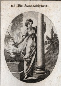 Allegoria della costanza. Tiene una spada sopra un fuoco ardente. La colonna che abbraccia è l