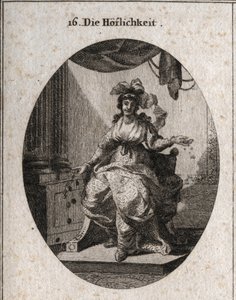 Allegoria della cortesia rappresentata da una donna ricca, graziosa e sorridente che distribuisce denaro e gioielli. Incisione in “Iconologie oder Ideen aus dem Gebiete der Leidenschaften und Allegorien bildich dargestellt fur Zeichner, Mahler, Dichter, Ge