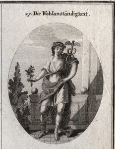 Allegoria della decenza. Giovane con pelle di leone per esprimere la sua distinzione e la grandezza della sua anima. Il ramo di amaranto e la corona mostrano che mantiene ancora la sua bellezza. La lancia segna eloquenza e sagacia nel discorso. Incisione i da Austrian School