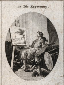 Allegoria della delizia rappresentata da un giovane che tiene una lira vicino a un dipinto con frutti, libri, armi e due colombi che si accarezzano, tutti simboli del fascino dei sensi. Incisione in "Iconologie oder Ideen aus dem Gebiete der Leid"