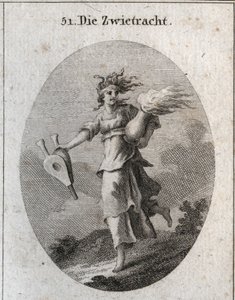 Allegoria della discordia. I suoi capelli sono formati da vipere e la sua fronte è una benda insanguinata. Un mantice in una mano e nell
