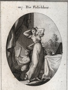 Allegoria della falsità. Il suo emblema è una sirena che si guarda in uno specchio. Incisione in "Iconologie oder Ideen aus dem Gebiete der Leidenschaften und Allegorien bildich dargestellt" da Austrian School