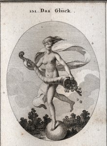 Allegoria della fortuna rappresentata con una benda sugli occhi per mostrare che è cieca ai suoi doni. Tiene un corno dell