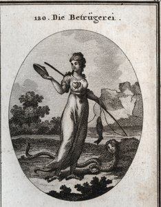 Allegoria della frode rappresentata con un doppio cuore e una maschera. Tiene una canna da pesca che ha catturato un pesce. Le sue gambe terminano in artigli di avvoltoio e ha una coda di scorpione. Il suo attributo è un serpente con un volto umano. Incisi da Austrian School