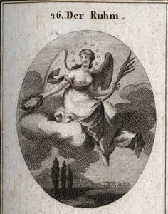 Allegoria della gloria su una nuvola. Tiene una palma e presenta corone di alloro con cui ricompensa i suoi favoriti. Le sue ali segnano la sua elevazione. Incisione in "Iconologie oder Ideen aus dem Gebiete der Leidenschaften und Allegorien bildich darges da Austrian School