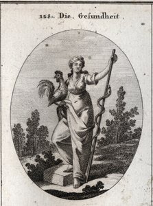 Allegoria della salute rappresentata da una donna forte che tiene un gallo, animale consacrato ad Esculapio, dio della medicina. Tiene un bastone attorno al quale è avvolto un serpente (deciduo), animale meno soggetto alle malattie. Incisione in "Iconologi