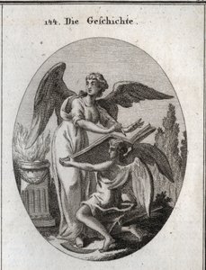 Allegoria della storia. Le sue azioni di ascolto e scrittura su un grande libro sostenuto dal tempo significano l
