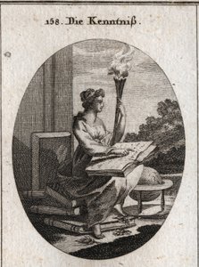 Allegoria della conoscenza basata su vari volumi di autori con un libro aperto sulle ginocchia. La torcia è allusiva alla luce che diffonde nelle anime. Incisione in "Iconologie oder Ideen aus dem Gebiete der Leidenschaften und Allegorien bildich dargestel da Austrian School