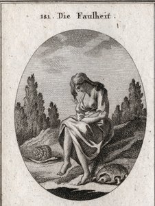 Allegoria della pigrizia. Tiene le braccia incrociate. I suoi attributi sono una tartaruga e una lumaca. Incisione in "Iconologie oder Ideen aus dem Gebiete der Leidenschaften und Allegorien bildich dargestellt fur Zeichner, Mahler, Dichter, Gelehrte, Erzi