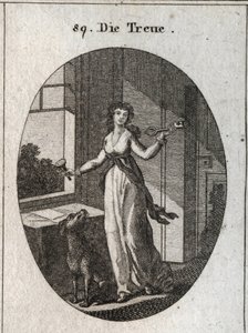 Allegoria della lealtà i cui simboli sono la chiave, il sigillo e il cane. Incisione in “Iconologie oder Ideen aus dem Gebiete der Leidenschaften und Allegorien bildich dargestellt fur Zeichner, Mahler, Dichter, Gelehrte, Erzieher und freunde Hoherer Gesch