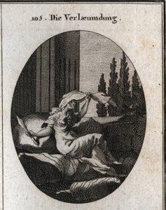 Allegoria della maldicenza rappresentata da una vecchia pigra e molle seduta su cuscini. Il velo indica che si nasconde, la sua lingua è biforcuta e tiene un coltello a doppio taglio. Il suo piccolo mantello è fatto di pelle di riccio rifinita con punte di da Austrian School