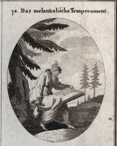 Allegoria del temperamento malinconico. Tiene un libro e una borsa e la sua bocca è chiusa con una benda. Un uccello si posa sulla sua testa. Incisione in 