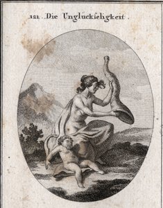 Allegoria della sfortuna rappresentata magra ed estesa. I suoi attributi sono un corno dell