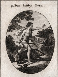 Allegoria della passione rappresentata da un adolescente con una spada. Il suo attributo è un cinghiale irritante, un animale che combatte sempre senza riguardo per il pericolo. Incisione in "Iconologie oder Ideen aus dem Geb" da Austrian School