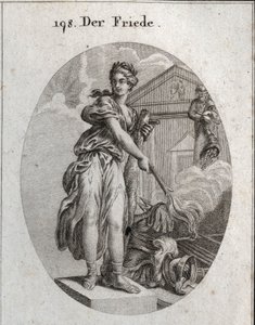 Allegoria della pace. Indossa una corona di ulivi e tiene una clava mentre brucia con una torcia un trofeo di armi. Dietro di lei, la statua di Plutone significa che abbondanza e ricchezza sono i suoi benefici. Incisione in "Iconologie oder Ideen aus dem G da Austrian School