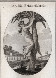 Allegoria della perseveranza. La palma, a cui è legata una giovane ragazza, è il simbolo della virtù. Guarda la terra con disprezzo. Incisione in "Iconologie oder Ideen aus dem Gebiete der Leidenschaften und Allegorien bildich dargestellt fur Zeichner, Mah da Austrian School