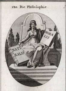 Allegoria della filosofia seduta su un trono di marmo sopra diversi gradini. Ha un diadema dorato sulla fronte e tiene due libri aperti “Naturalis” (Natura) e “Moralis” (Morale). Incisione in “Iconologie oder Ideen aus dem Gebiete der Leidenschaften und Al da Austrian School
