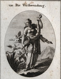 Allegoria della prodigalità raffigurata con una benda sugli occhi e scuotendo un corno dell