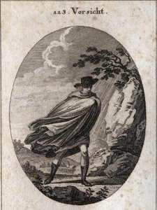 Allegoria della provvidenza. Espressione: Quando il tempo è bello, prendi il cappotto, quando piove, prendilo, se vuoi. Incisione in “Iconologie oder Ideen aus dem Gebiete der Leidenschaften und Allegorien bildich dargestellt fur Zeichner, Mahler, Dichter,