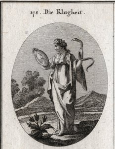 Allegoria della prudenza, i suoi attributi ordinari sono lo specchio e il serpente. Ha due volti, uno giovane per l
