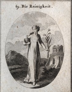 Allegoria della purezza. I suoi attributi sono la colomba e il giglio, simboli di candore. Incisione in "Iconologie oder Ideen aus dem Gebiete der Leidenschaften und Allegorien bildich dargestellt fur Zeichner, Mahler, Dichter, Gelehrte, Erzieher und freun da Austrian School