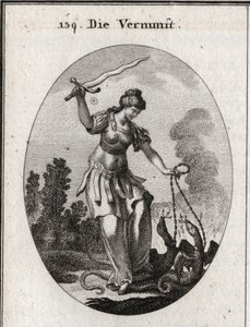 Allegoria della ragione, tiene una spada fiammeggiante con cui minaccia i vizi rappresentati da serpenti che tiene incatenati. Incisione in “Iconologie oder Ideen aus dem Gebiete der Leidenschaften und Allegorien bildich dargestellt fur Zeichner, Mahler, D da Austrian School