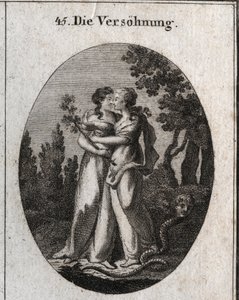 Allegoria della riconciliazione caratterizzata da due donne che si baciano. Una tiene un ramo d