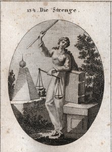 Allegoria della rigore rappresentata sotto un aspetto di ferocia tenendo con la mano destra una verga di ferro alta e appoggiandosi con la sinistra sul libro delle leggi. Ha nella stessa mano una bilancia, una delle quali prevale sull