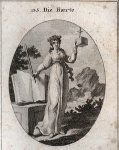 Allegoria della severità coronata con un ramo di quercia, attributo della forza. Si appoggia su un libro di leggi e tiene una verga di ferro. Il cubo in cui un pugnale rallenta i desideri segna la sua vicinanza e la sua inflessibilità. Incisione in "Iconol