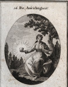 Allegoria della sincerità che tiene una colomba contro il petto e presenta un cuore radiante. Incisione in "Iconologie oder Ideen aus dem Gebiete der Leidenschaften und Allegorien bildich dargestellt" da Austrian School