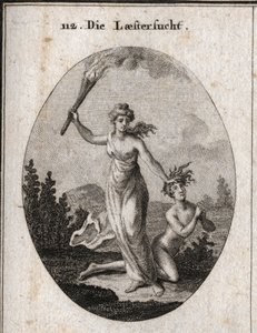 Allegoria della calunnia che tiene una torcia accesa e trascina senza pietà un adolescente nudo che giunge le mani e guarda il cielo. Incisione in "Iconologie oder Ideen aus dem Gebiete der Leidenschaften und Allegorien bildich dargestellt fur Zeichner, Ma da Austrian School