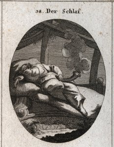 Allegoria del sonno su un letto di ebano vicino al quale scorre un ruscello. Tiene un cono nero e lucido da cui esce un vapore che significa sogni. Incisione in "Iconologie oder Ideen aus dem Gebiete der Leidenschaften und Allegorien bildich dargestellt" da Austrian School