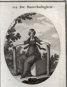 Allegoria della stabilità seduta su un cubo di marmo con due pile piantate a piombo nella terra. Incisione in “Iconologie oder Ideen aus dem Gebiete der Leidenschaften und Allegorien bildich dargestellt fur Zeichner, Mahler, Dichter, Gelehrte, Erzieher und