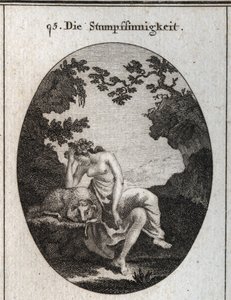 Allegoria della stupidità. È appoggiata a una pecora, animale naturalmente stupido. Incisione in "Iconologie oder Ideen aus dem Gebiete der Leidenschaften und Allegorien bildich dargestellt fur Zeichner, Mahler, Dichter, Gelehrte, Erzieher und freunde Hohe