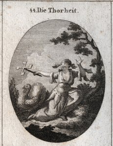 Allegoria della stupidità personificata da una donna ridicola che tiene una bobina di carte che gira nel vento e ride. Incisione in “Iconologie oder Ideen aus dem Gebiete der Leidenschaften und Allegorien bildich dargestellt fur Zeichner, Mahler, Dichter,  da Austrian School