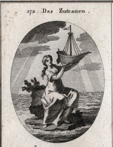 Allegoria della fiducia rappresentata da una donna seduta su un luogo in mezzo al mare e che tiene in mano una nave che ha sollevato. Incisione in “Iconologie oder Ideen aus dem Gebiete der Leidenschaften und Allegorien bildich dargestellt fur Zeichner, Ma