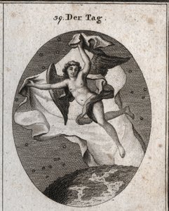 Allegoria del giorno che vola rapidamente e nasconde la notte e le stelle usando un grande velo luminoso. Incisione in "Iconologie oder Ideen aus dem Gebiete der Leidenschaften und Allegorien bildich dargestellt fur Zeichner, Mahler, Dichter, Gelehrte, Erz da Austrian School
