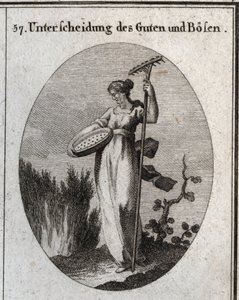 Allegoria della distinzione tra bene e male. Il setaccio separa il buon grano dalla pula e il rastrello viene utilizzato per rimuovere le erbacce. Incisione in "Iconologie oder Ideen aus dem Gebiete der Leidenschaften und Allegorien bildich dargestellt fur