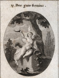 Allegoria del genio favorevole sotto la figura di un bambino con ali e una piccola fiamma sulla testa, seduto su un altare all