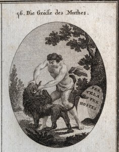 Allegoria della grandezza del coraggio rappresentata da un uomo robusto che apre la bocca di un leone per strappargli la lingua. Il suo attributo è uno scudo su cui è scritto "Per tela, per hostes" (Per armi, attraverso il nemico). Incisione in "Iconologie da Austrian School