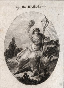 Allegoria della lealtà (o sincerità) che getta una maschera, attributo della finzione e della menzogna. Il suo emblema è una lanterna di cristallo, simbolo della luce. Un cuore è disegnato sul suo petto. Incisione in 