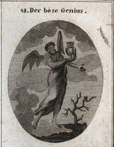 Allegoria del genio opposto rappresentato da un cattivo genio con ali di pipistrello e che tiene un gufo, uccello di cattivo auspicio. Incisione in 